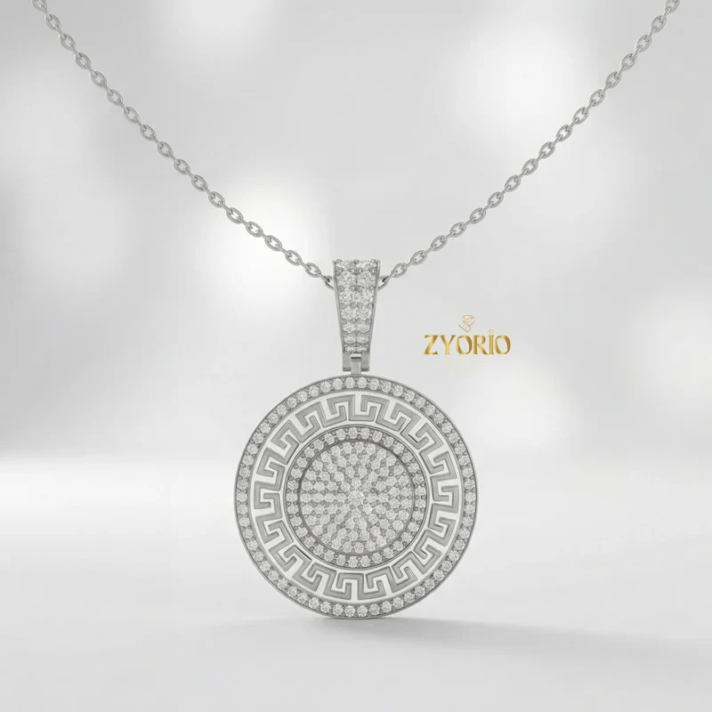 Gold Plated Greek Key Diamond Medallion Link Chain Pendant Luxury Engagement Wedding Anniversary Party Jewelry