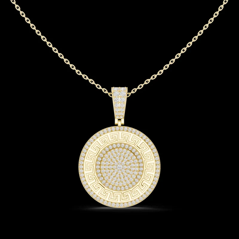 Gold Plated Greek Key Diamond Medallion Link Chain Pendant Luxury Engagement Wedding Anniversary Party Jewelry
