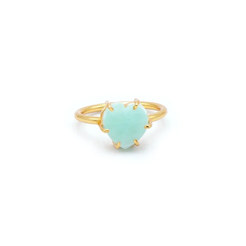 Handcrafted 18K Gold Plated Amazonite Heart Carving Ring Zircon | Trendy 925 Silver Bezel Setting Wedding Ring | Unisex Green