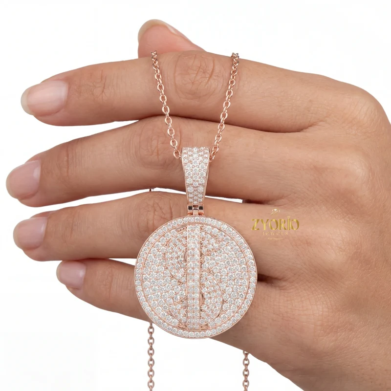 Women's Silver Minimalist Luxury Diamond Medallion Pendant Sparkling Gold Plated Modern Elegant Engagement Anniversary Wedding