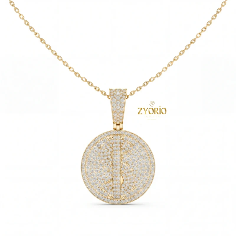 Women's Silver Minimalist Luxury Diamond Medallion Pendant Sparkling Gold Plated Modern Elegant Engagement Anniversary Wedding