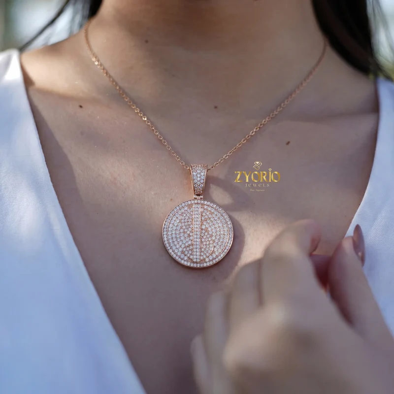 Women's Silver Minimalist Luxury Diamond Medallion Pendant Sparkling Gold Plated Modern Elegant Engagement Anniversary Wedding