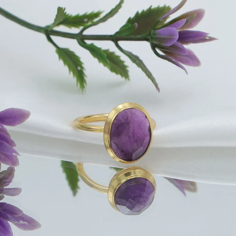 New Design Bezel Setting Amethyst Quartz Gold Plated 18K Handmade Brass Wedding Ring Trendy Third Party Appraised Unisex