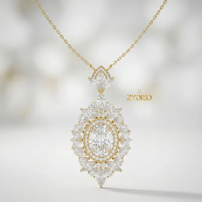 Gold Oval Halo Cluster Diamond Pendant Necklace Women Brilliant Diamond Link Chain Jewelry for Engagement Wedding Anniversary
