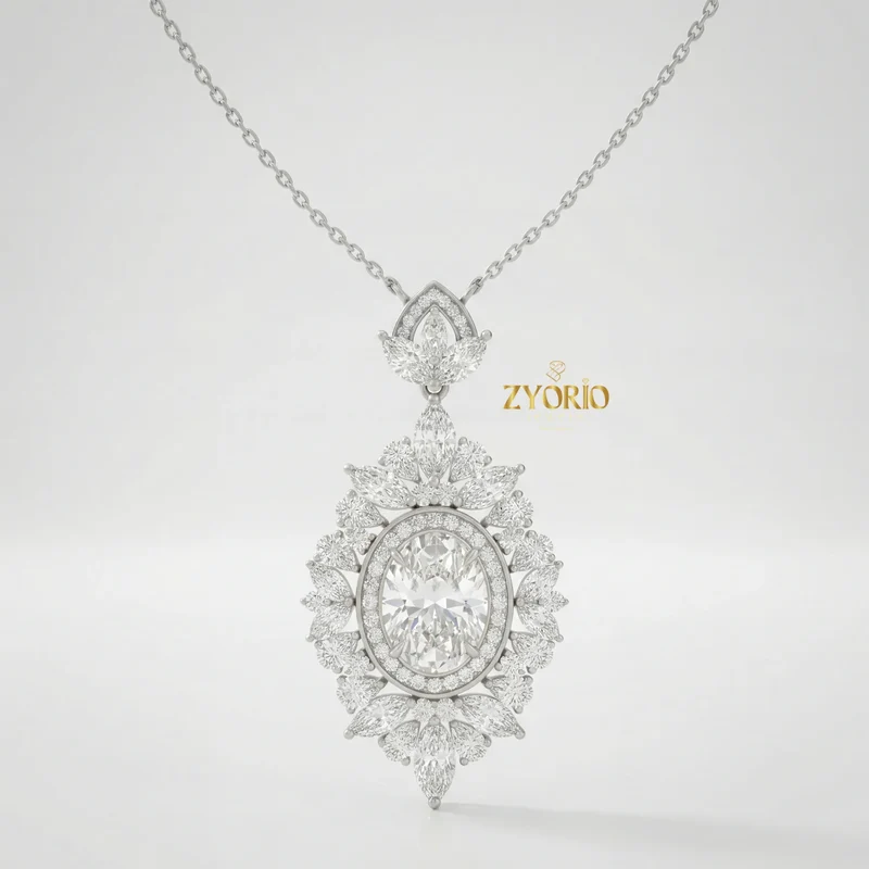 Gold Oval Halo Cluster Diamond Pendant Necklace Women Brilliant Diamond Link Chain Jewelry for Engagement Wedding Anniversary