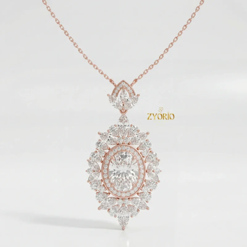 Gold Oval Halo Cluster Diamond Pendant Necklace Women Brilliant Diamond Link Chain Jewelry for Engagement Wedding Anniversary