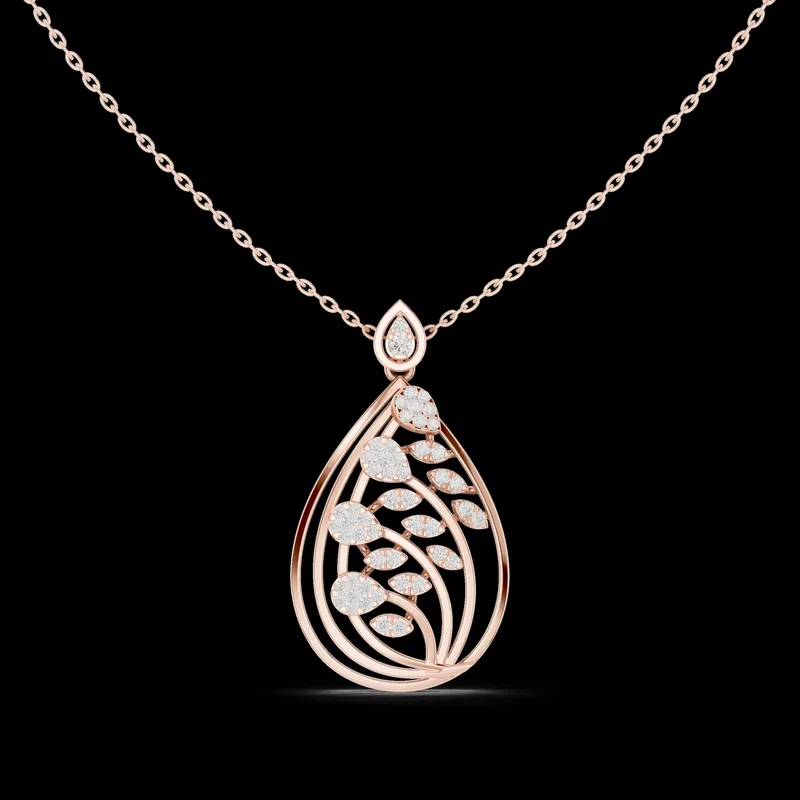 Leafy Teardrop Diamond Pendant Necklace with Link Chain Rose Gold Plated Luxury Women Engagement Wedding Party Jewelry