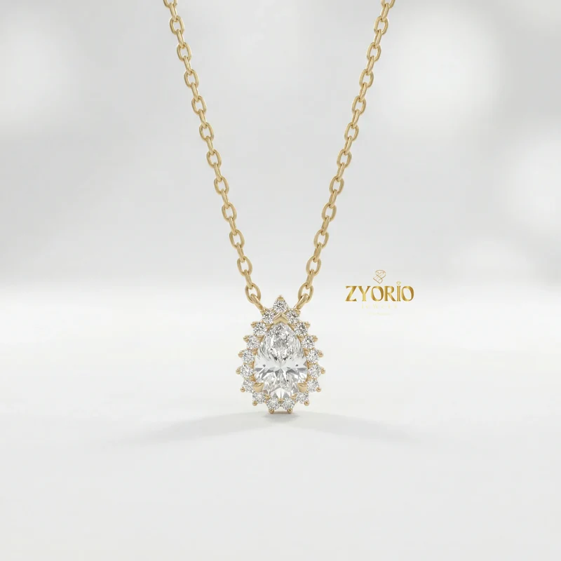 Gold Pear Halo Diamond Luxury Pendant with Sparkling Diamonds Elegant Timeless Design Link Chain for Wedding Party & Anniversary