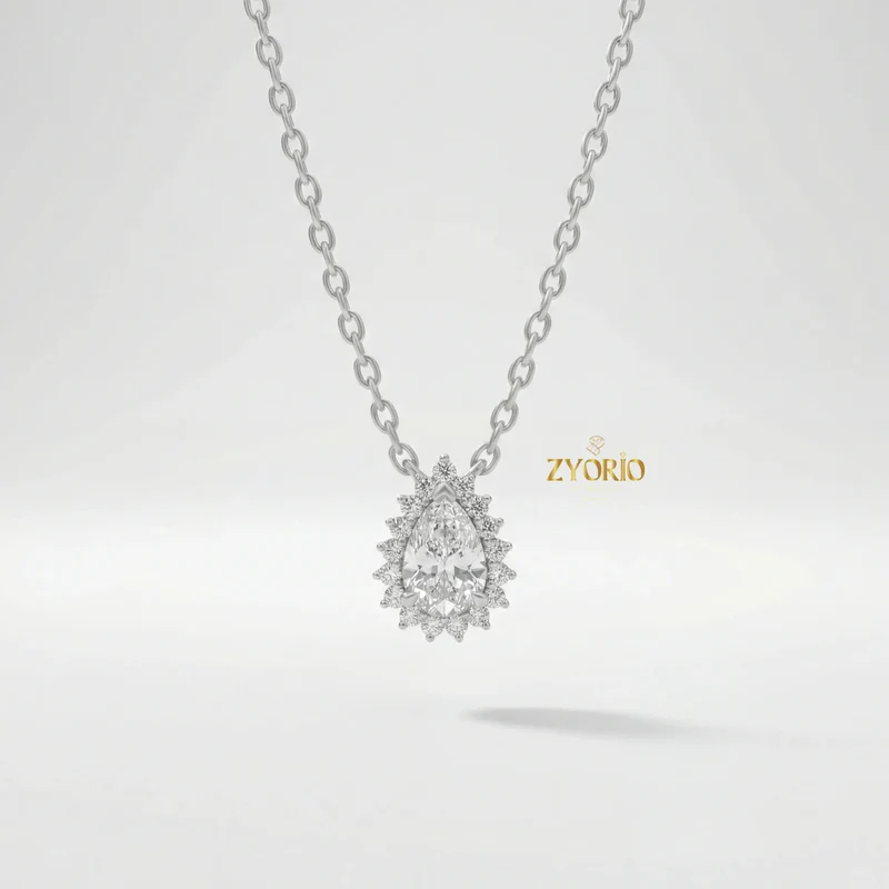 Gold Pear Halo Diamond Luxury Pendant with Sparkling Diamonds Elegant Timeless Design Link Chain for Wedding Party & Anniversary