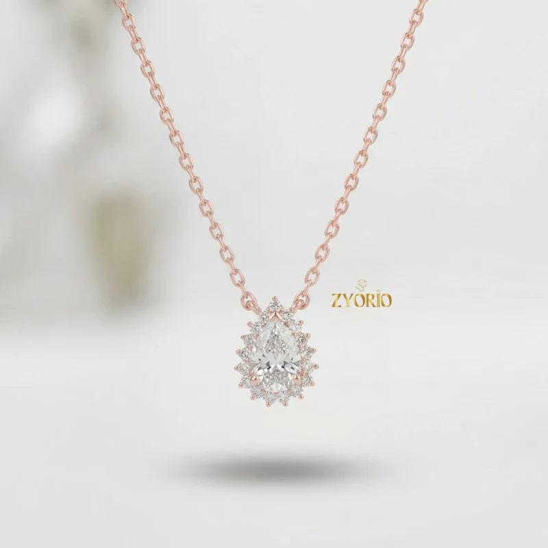 Gold Pear Halo Diamond Luxury Pendant with Sparkling Diamonds Elegant Timeless Design Link Chain for Wedding Party & Anniversary