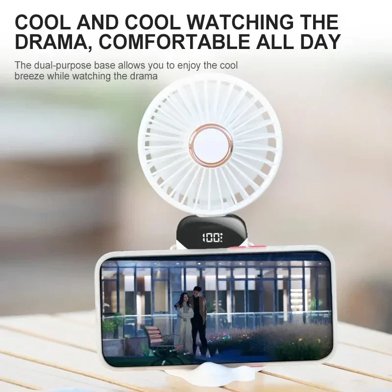 2026 New Handheld Mini Fan Foldable Neck Hanging Fans 5 Speed USB Rechargeable Fan with Phone Stand and Display Screen 1800mAh