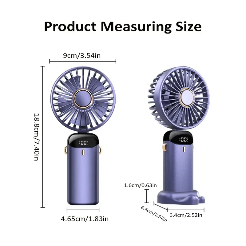 2026 New Handheld Mini Fan Foldable Neck Hanging Fans 5 Speed USB Rechargeable Fan with Phone Stand and Display Screen 1800mAh