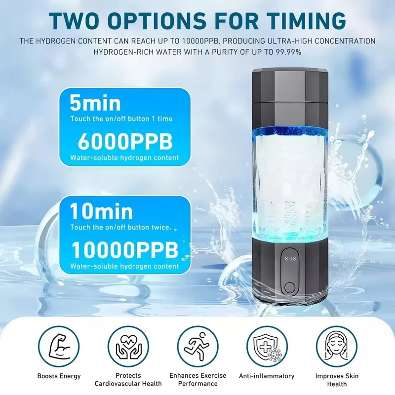 2026 New Upgrade 10000PPB Hydrogen Water Bottle Seven Colorful Light Hydrogen Water Generator with Pressure Relief Valve
