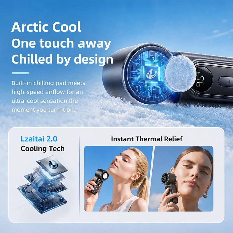 Mini Ice Compress Fan High Speed Cooling Ice Pack Fan 3000mAh 5 Speeds 180°Adjustable LED Display USB Rechargeable Portable Fans