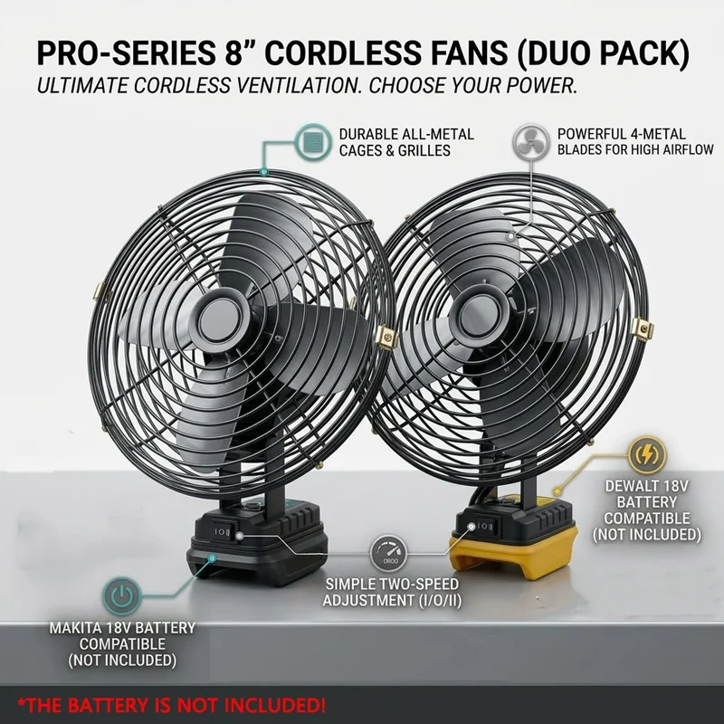 Camping Fan 8 Inches Wireless Outdoor Fishing Desktop Portable Metal Fan Strong Wind Fan Fit Makita/Dewalt 20V Battery Pins