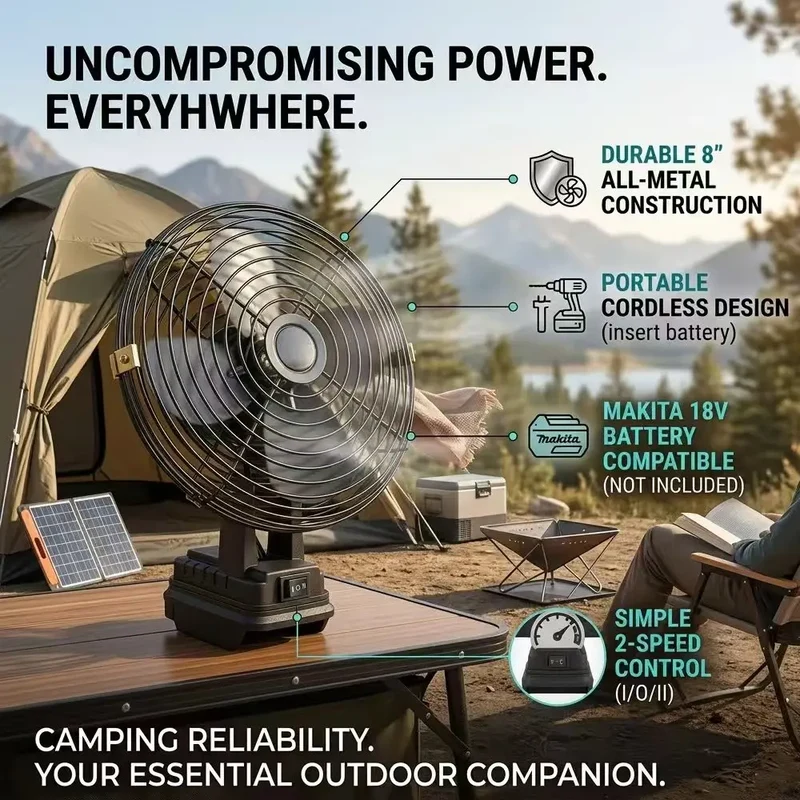 Camping Fan 8 Inches Wireless Outdoor Fishing Desktop Portable Metal Fan Strong Wind Fan Fit Makita/Dewalt 20V Battery Pins