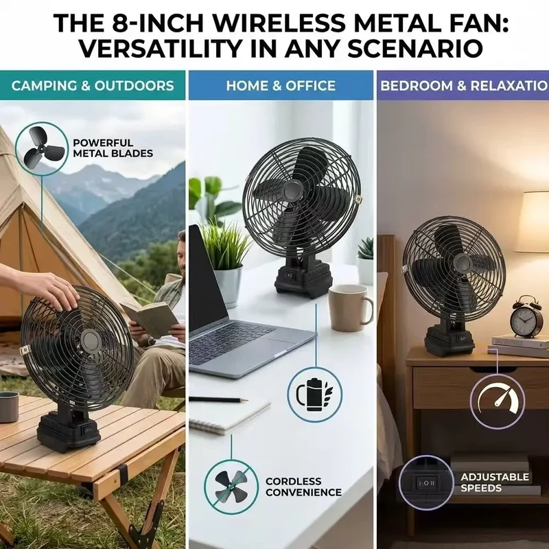 Camping Fan 8 Inches Wireless Outdoor Fishing Desktop Portable Metal Fan Strong Wind Fan Fit Makita/Dewalt 20V Battery Pins