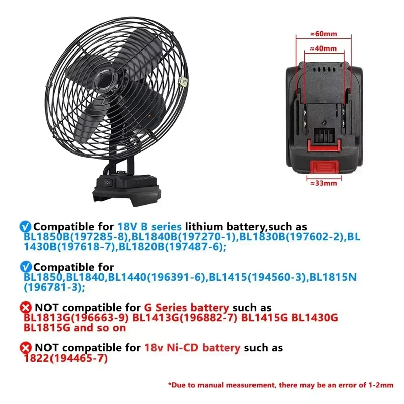 Camping Fan 8 Inches Wireless Outdoor Fishing Desktop Portable Metal Fan Strong Wind Fan Fit Makita/Dewalt 20V Battery Pins