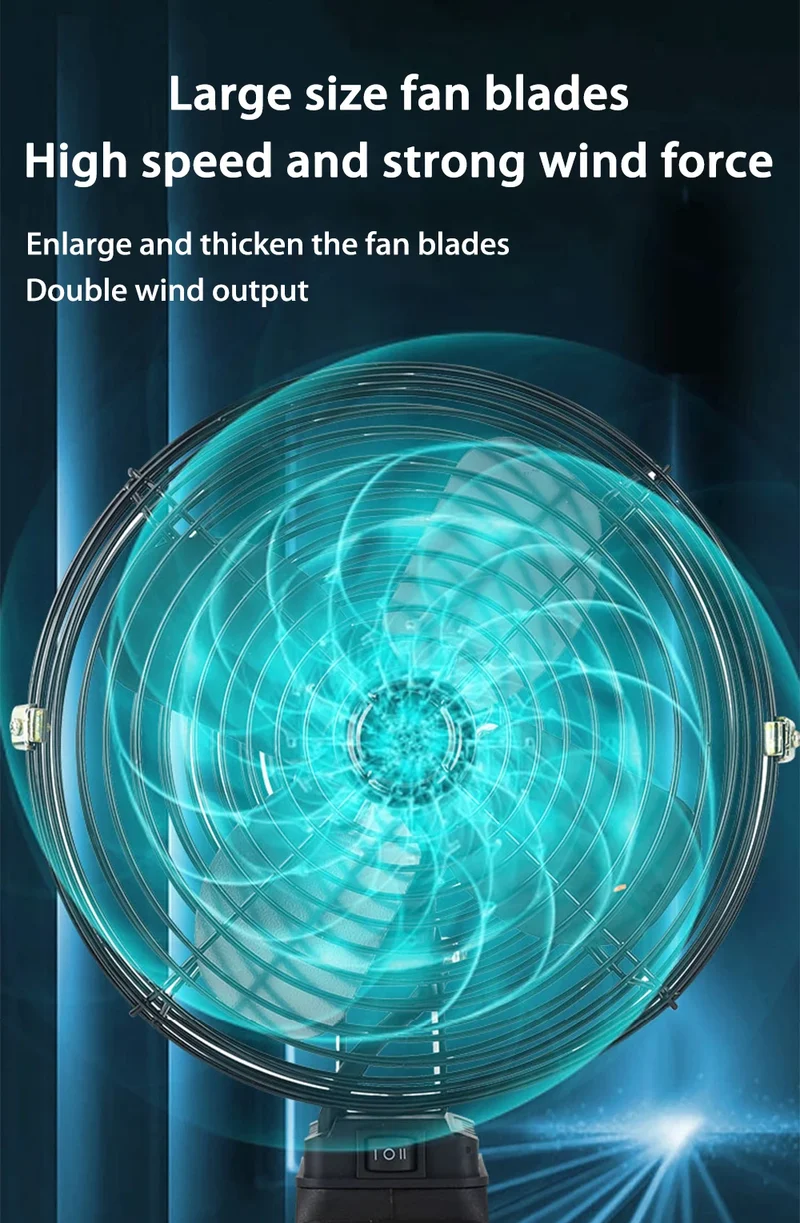 Camping Fan 8 Inches Wireless Outdoor Fishing Desktop Portable Metal Fan Strong Wind Fan Fit Makita/Dewalt 20V Battery Pins