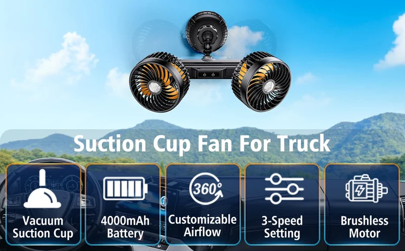 Eary Car Suction Cup Dual-Head Fan 12V/24V 360°Rotatable with 4000mAh Battery 3 Speed Wind Universal Electric for Truck Van Suv