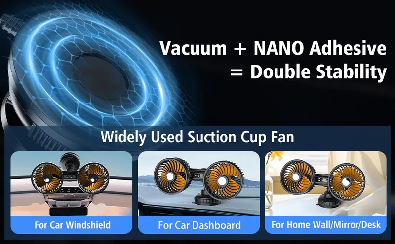 Eary Car Suction Cup Dual-Head Fan 12V/24V 360°Rotatable with 4000mAh Battery 3 Speed Wind Universal Electric for Truck Van Suv