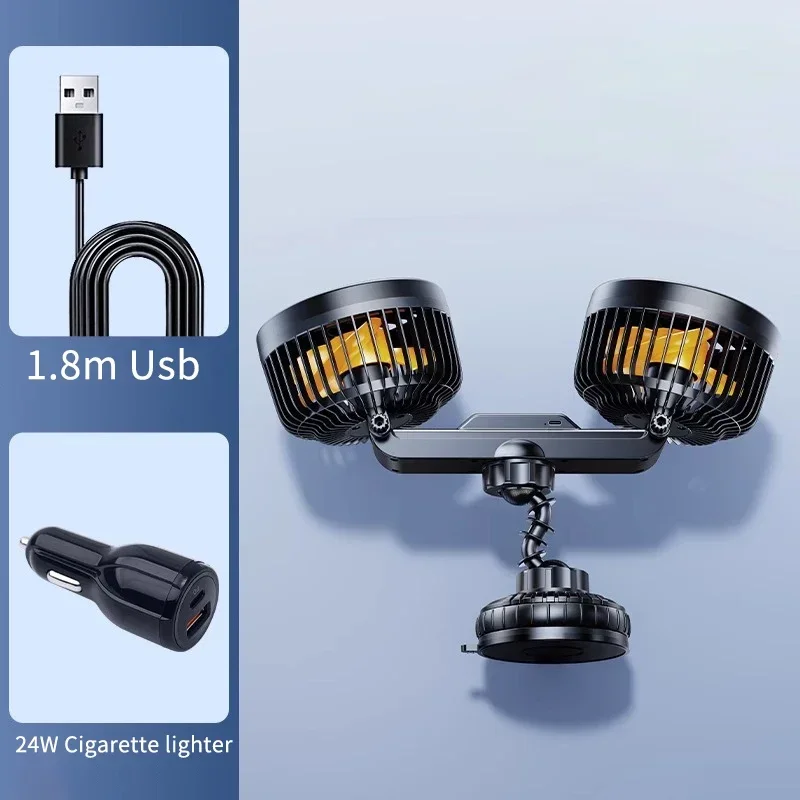 Eary Car Suction Cup Dual-Head Fan 12V/24V 360°Rotatable with 4000mAh Battery 3 Speed Wind Universal Electric for Truck Van Suv