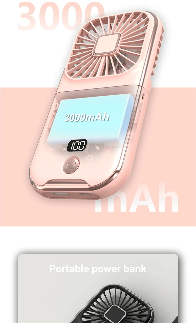 3000mAh Battery Handheld Outdoor Small Fan Portable Small Halterneck Adjustable Speeds Foldable USB Charging Cooling Artifact