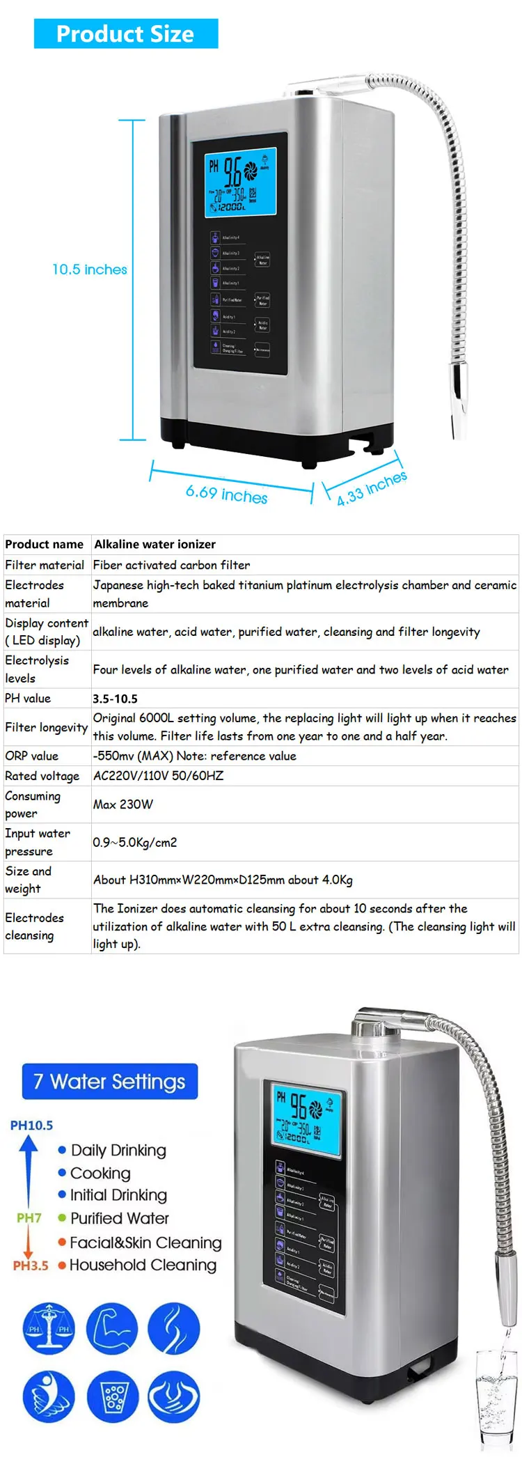 5 Plates Kangen Water Ionizer PH 3.5-10.5 Alkaline water Generator Hydrogen Reduced water ionizer With Built-in Carbon Filter