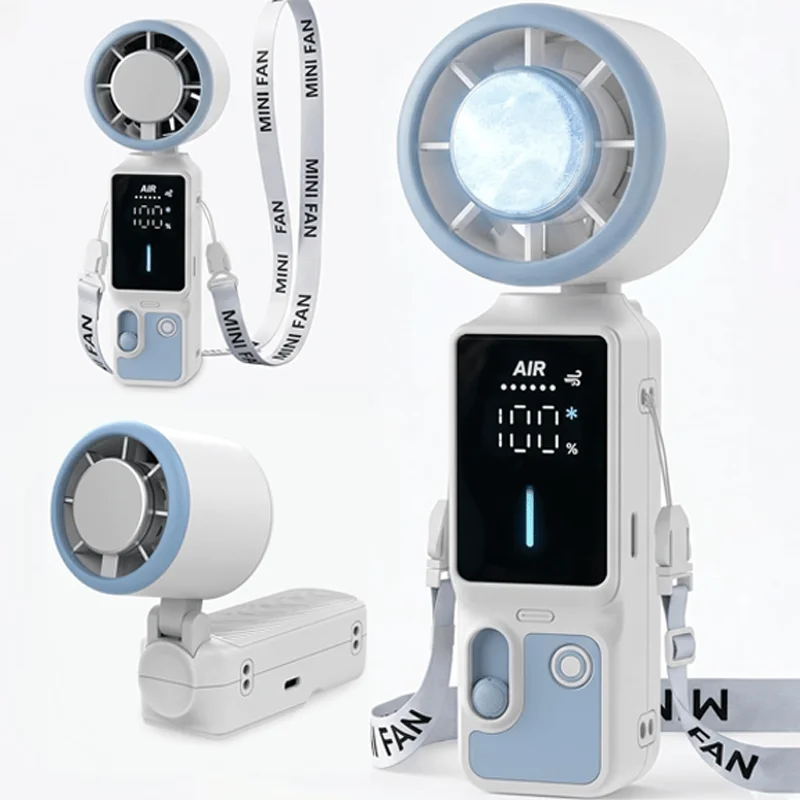 Handheld Portable Turbo Fan with Cooling Box, 100-Speed Variable Speed LED Display Folding Fan, Wearable Folding Three-in-One