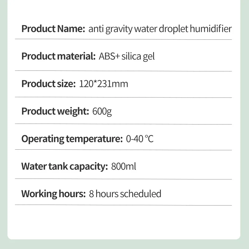 Water Droplet Air Humidifier 800ml Anti-gravity Essential Oil Diffuser Night Light Weightless Sprayer Decorations Desk Lamps