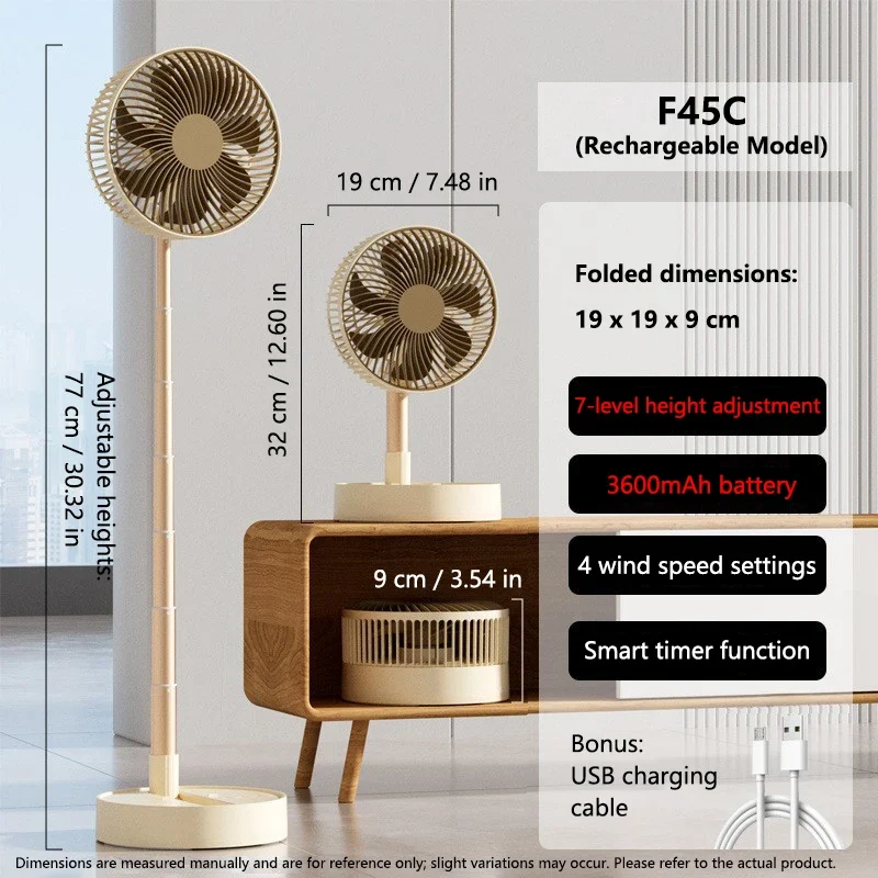 Lenovo USB Foldable Portable Fan 8inch 4 Speeds Timing Battery Operated Mini Floor Fan for Bedroom Indoor or Outdoor Table Fan