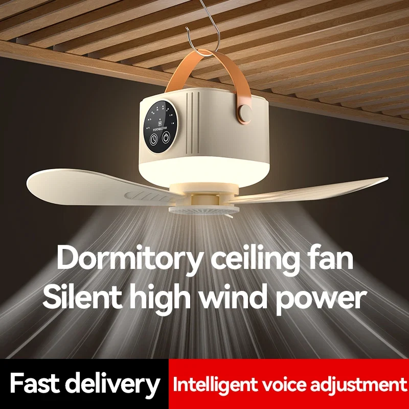 USB Dormitory/Camping Small Ceiling Fan 8-Hour Timer, With Night Light, 4 Levels of Strength Portable Fan