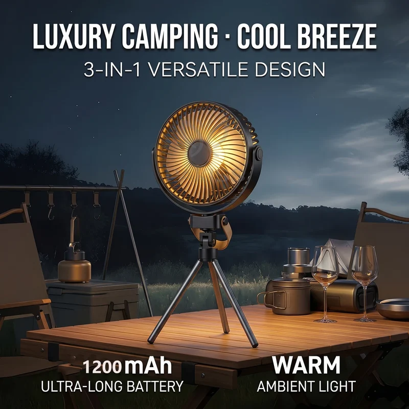 3-in-1 Tactical Camping Fan 1200mAh Battery Powered 4 Speeds 360° Rotation Outdoor Air Cooler with Warm Light for Travel BBQ