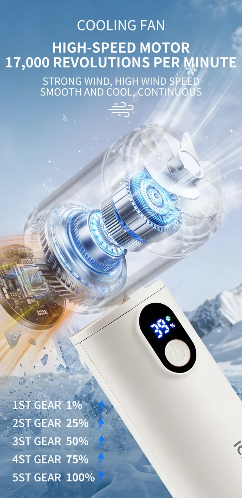 Lenovo 100 Gears Portable Handheld Fan Ventilador USB Rechargeable Foldable Fan High Speed Turbine Ice Cooling Digital Display