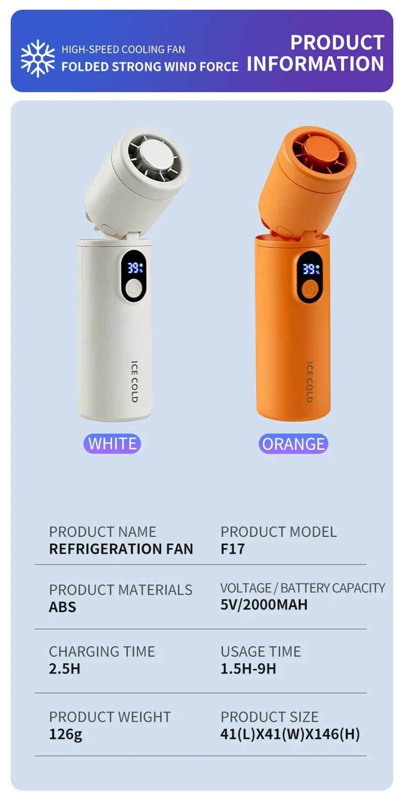 Lenovo 100 Gears Portable Handheld Fan Ventilador USB Rechargeable Foldable Fan High Speed Turbine Ice Cooling Digital Display