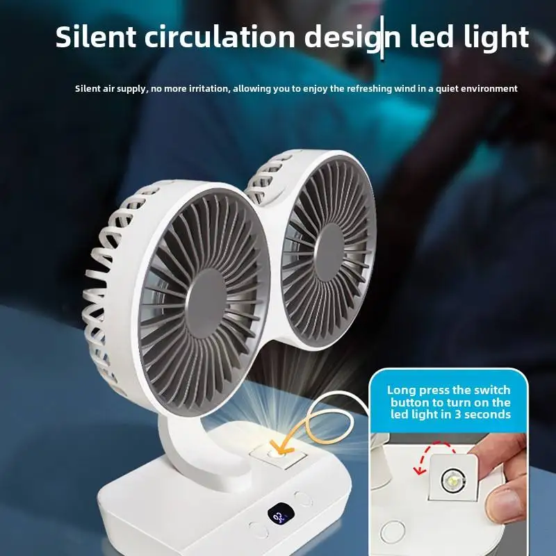 Double Head DesktopFan:4-speed fast cooling, 8000mAhbatterydigital display adjustable directionshakingfunction for household use