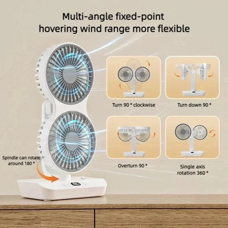 Double Head DesktopFan:4-speed fast cooling, 8000mAhbatterydigital display adjustable directionshakingfunction for household use