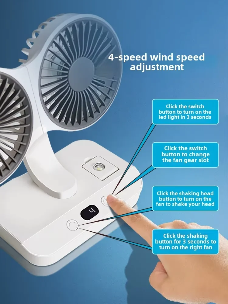 Double Head DesktopFan:4-speed fast cooling, 8000mAhbatterydigital display adjustable directionshakingfunction for household use
