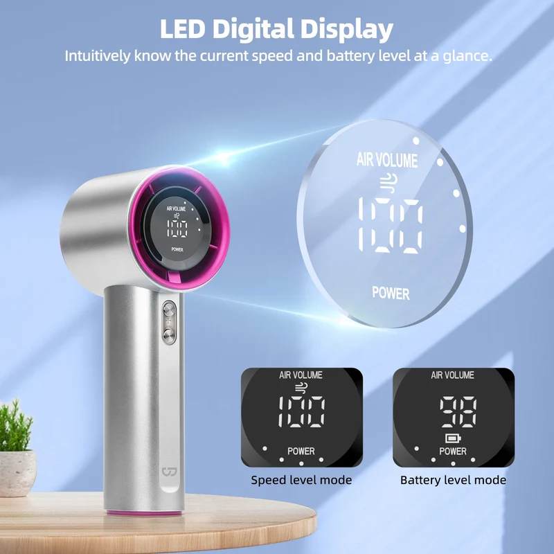 Mini Fan Rechargeable Strong Wind 100 Gear Wind Speed Electric Fan Digital Display Adjustable Turbo Portable Outdoor Handheld