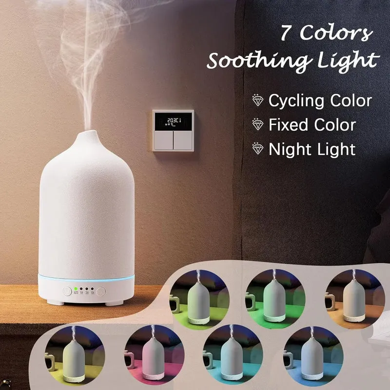 Essential Oil Diffuser 100ml Ceramic Ultrasonic Aroma Diffuser Humidifier Timer Setting 7 LED Colors Changing Lights For Home