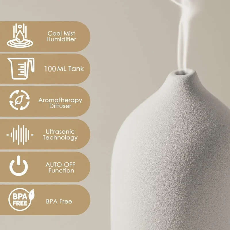 Essential Oil Diffuser 100ml Ceramic Ultrasonic Aroma Diffuser Humidifier Timer Setting 7 LED Colors Changing Lights For Home