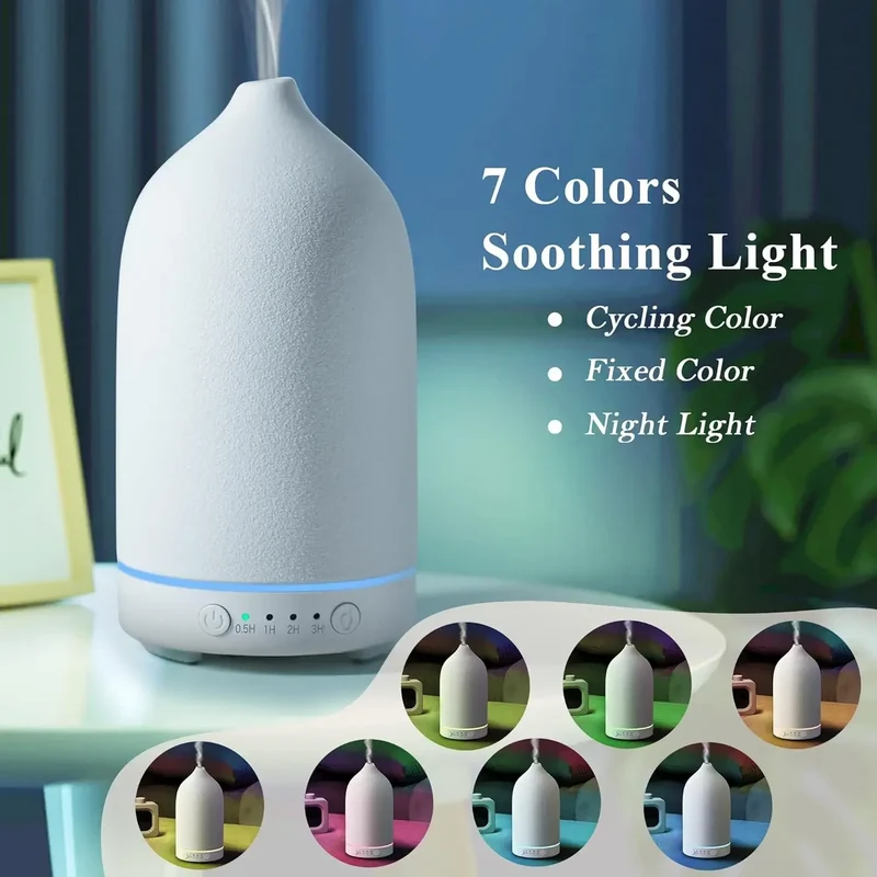 Essential Oil Diffuser 100ml Ceramic Ultrasonic Aroma Diffuser Humidifier Timer Setting 7 LED Colors Changing Lights For Home