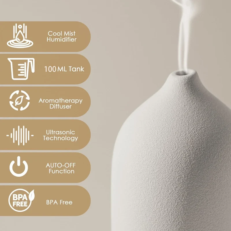 Essential Oil Diffuser 100ml Ceramic Ultrasonic Aroma Diffuser Humidifier Timer Setting 7 LED Colors Changing Lights For Home