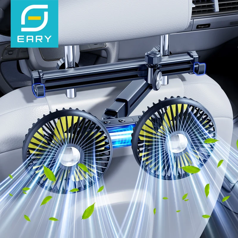 Eary Car Dual Head Fan Mount Back Seat With 3 Wind Speeds 360 Multi-Angle Adjustable Summer Air Cooling Fan With 2 Hidden Hooks