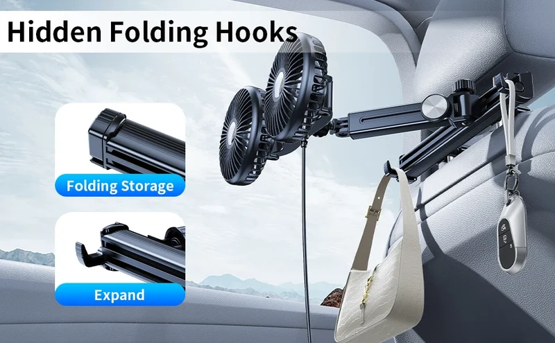 Eary Car Dual Head Fan Mount Back Seat With 3 Wind Speeds 360 Multi-Angle Adjustable Summer Air Cooling Fan With 2 Hidden Hooks