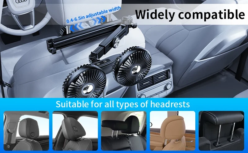 Eary Car Dual Head Fan Mount Back Seat With 3 Wind Speeds 360 Multi-Angle Adjustable Summer Air Cooling Fan With 2 Hidden Hooks