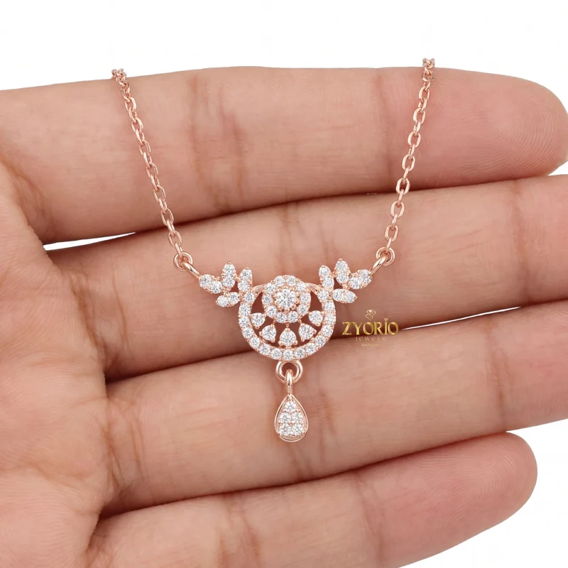 ZYORIO Women's Rose Gold Diamond Pendant Necklace Floral Design Pave Setting Round Brilliant Cut Teardrop Drop Romantic Wedding