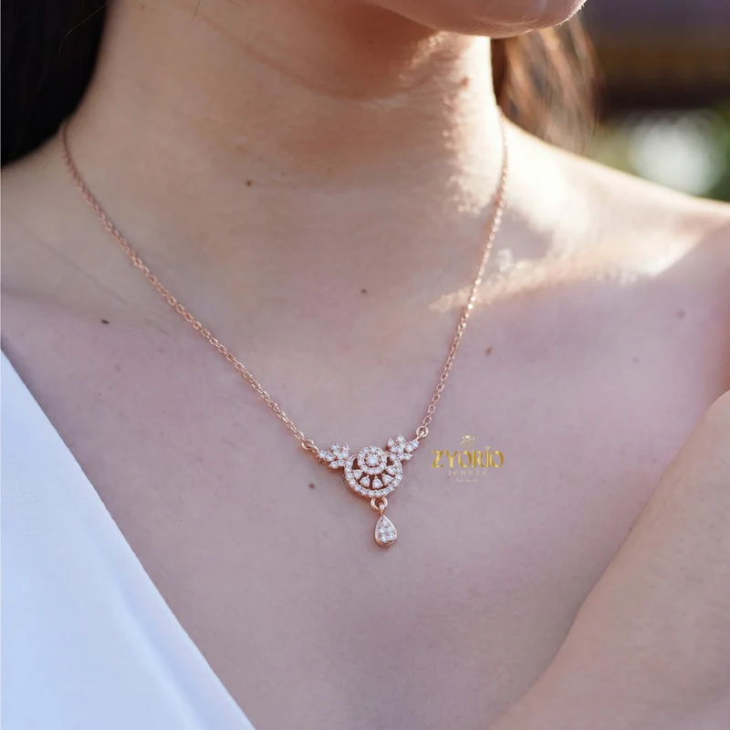 ZYORIO Women's Rose Gold Diamond Pendant Necklace Floral Design Pave Setting Round Brilliant Cut Teardrop Drop Romantic Wedding