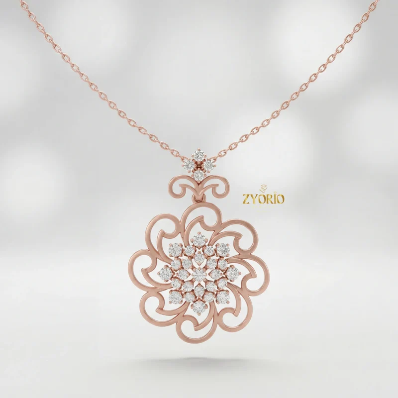 Rose Gold Floral Lab Grown Diamond Pendant Sterling Silver Elegant Sustainable Modern Luxury Women's Jewelry