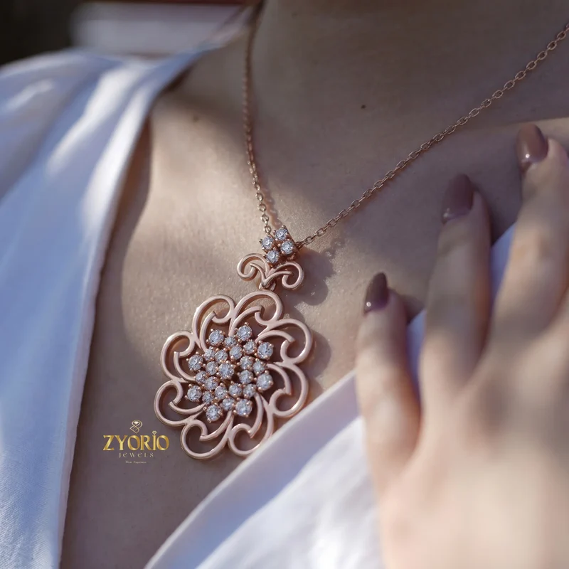 Rose Gold Floral Lab Grown Diamond Pendant Sterling Silver Elegant Sustainable Modern Luxury Women's Jewelry